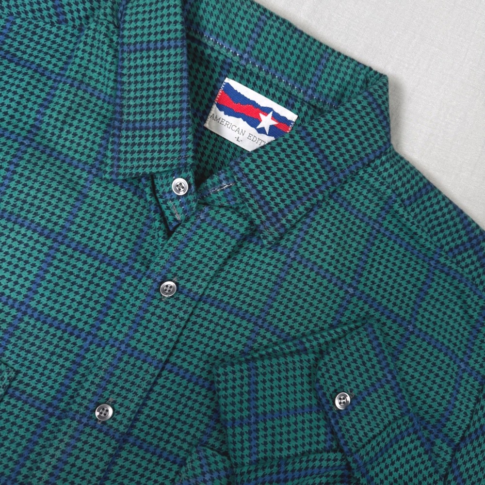 American Edition Men Sz L Flannel Shirt Teal Green Plaid Houndstooth Made in USA